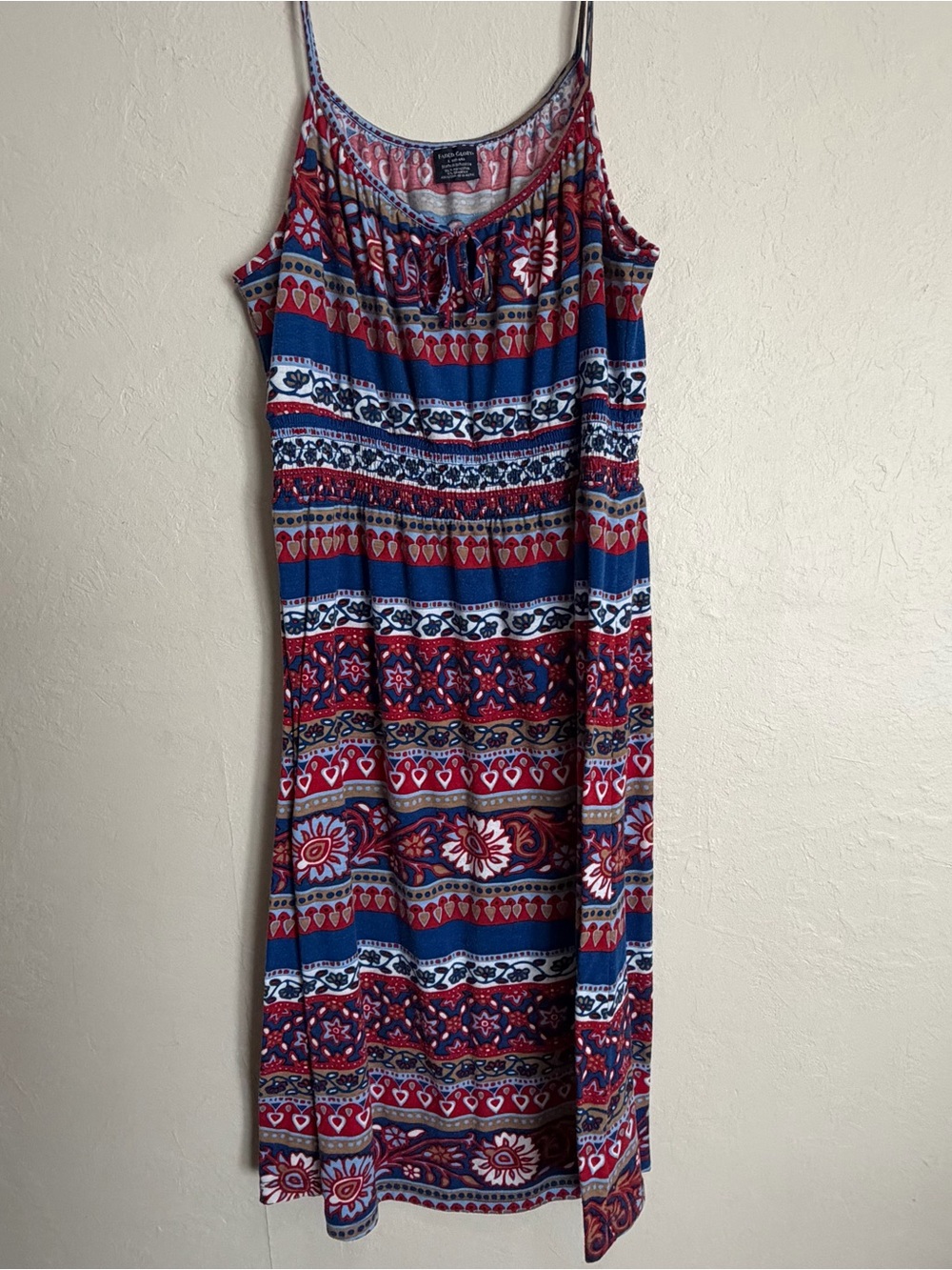 Faded Glory Sundress Sz L Red  White Blue Midi Dress Boho Patchwork Design